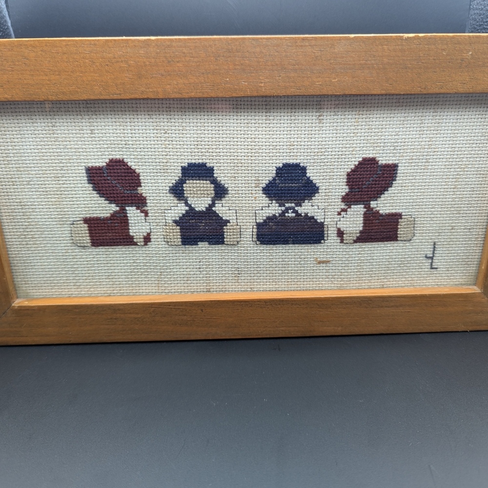 Handcrafted Cross-Stitch Art Amish Children Blue And Red